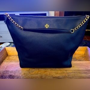 Tory Burch Carter Slouchy Pebble Leather Reva Zip Chain Hobo Bag Navy Blue